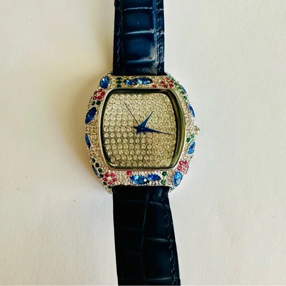 Elegant Blue Leather Strap Watch with Crystal Accents - Picture 2 of 7